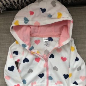 BOGO Carter’s fleece onesie with hood - white with hearts 18mo